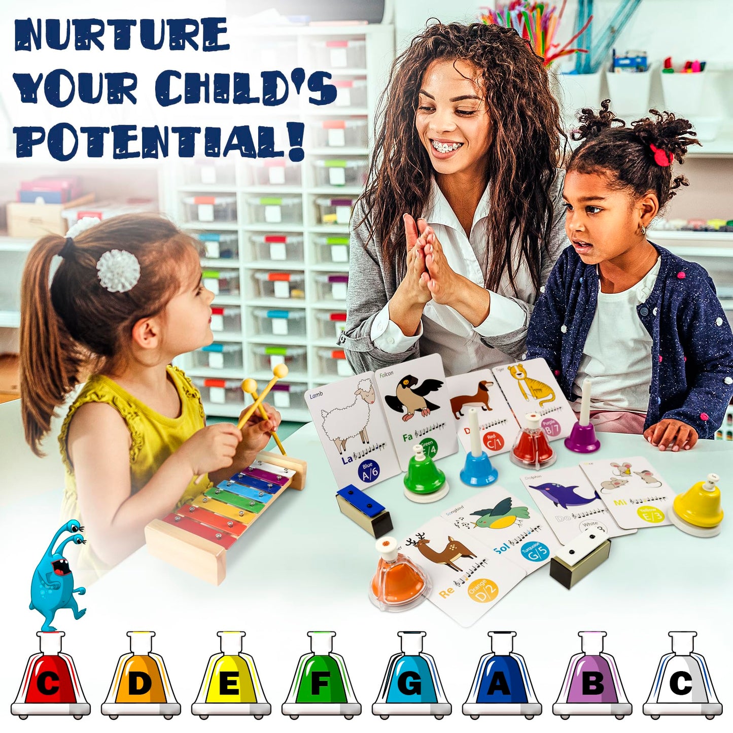 MINIARTIS Desk Bells Set - 8 Notes Colorful Metal Hand Bells with 15 Songbook - Educational Musical Toy for Toddlers
