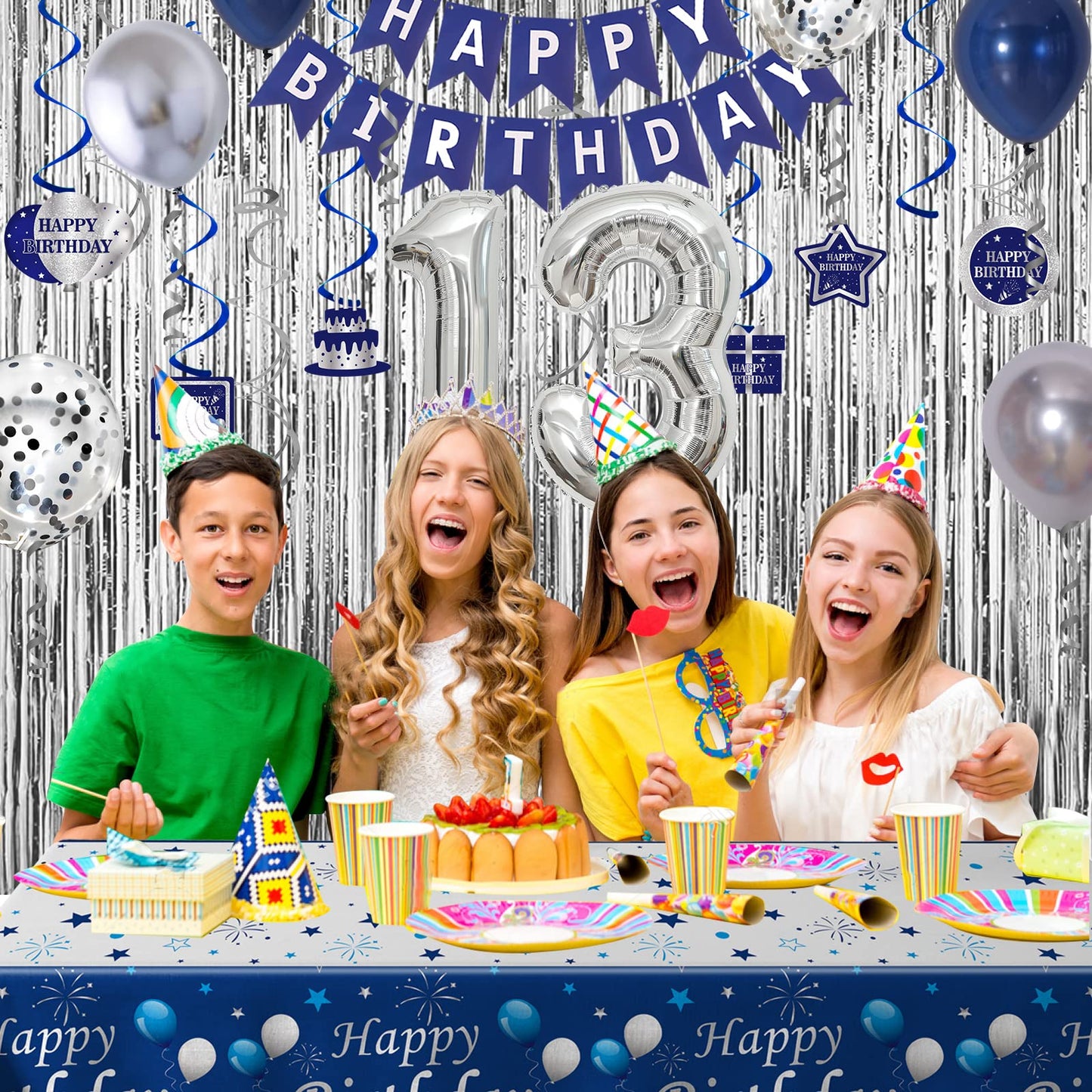 13Th Birthday Decorations For Boys And Girls Blue Silver, Happy 13Th Birthday Decorations Banner Birthday Balloons Number 13 Tab