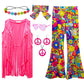 Xonyicos 8 Pcs Girls Kids 60S 70S Hippie Costume Disco Outfits Fringe Vest Boho Bell Bottoms Hippie Outfits Accessories Set (Pea