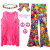 Xonyicos 8 Pcs Girls Kids 60S 70S Hippie Costume Disco Outfits Fringe Vest Boho Bell Bottoms Hippie Outfits Accessories Set (Pea