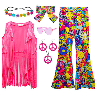 Xonyicos 8 Pcs Girls Kids 60S 70S Hippie Costume Disco Outfits Fringe Vest Boho Bell Bottoms Hippie Outfits Accessories Set (Pea