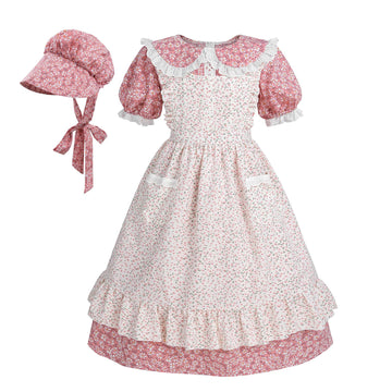 Nuoqi Colonial Costume Girls Prairie Pioneer Dress Laura Ingalls Wilder Costume With Apron Pink, 8-9