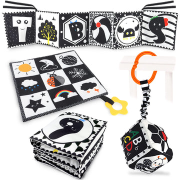 KUANGO 3 PCS Black and White High Contrast Baby Toys Newborn Toys 0-6 Months, Visual Stimulation Sensory Soft Book, Infant Tummy
