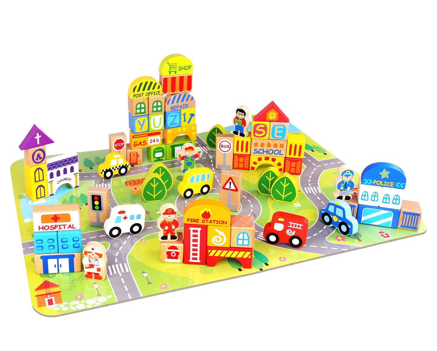 Fat Brain Toys My Town Block Set - Wood Jigsaw Puzzle & Block Set for Preschoolers, Model FB253, Natural Color