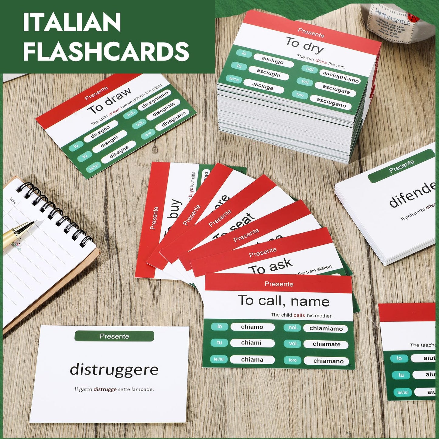 Resurhang 200 Pcs Italian Flashcards Italian Verb Conjugation Present Tense Flash Cards English for mature-themeds Study