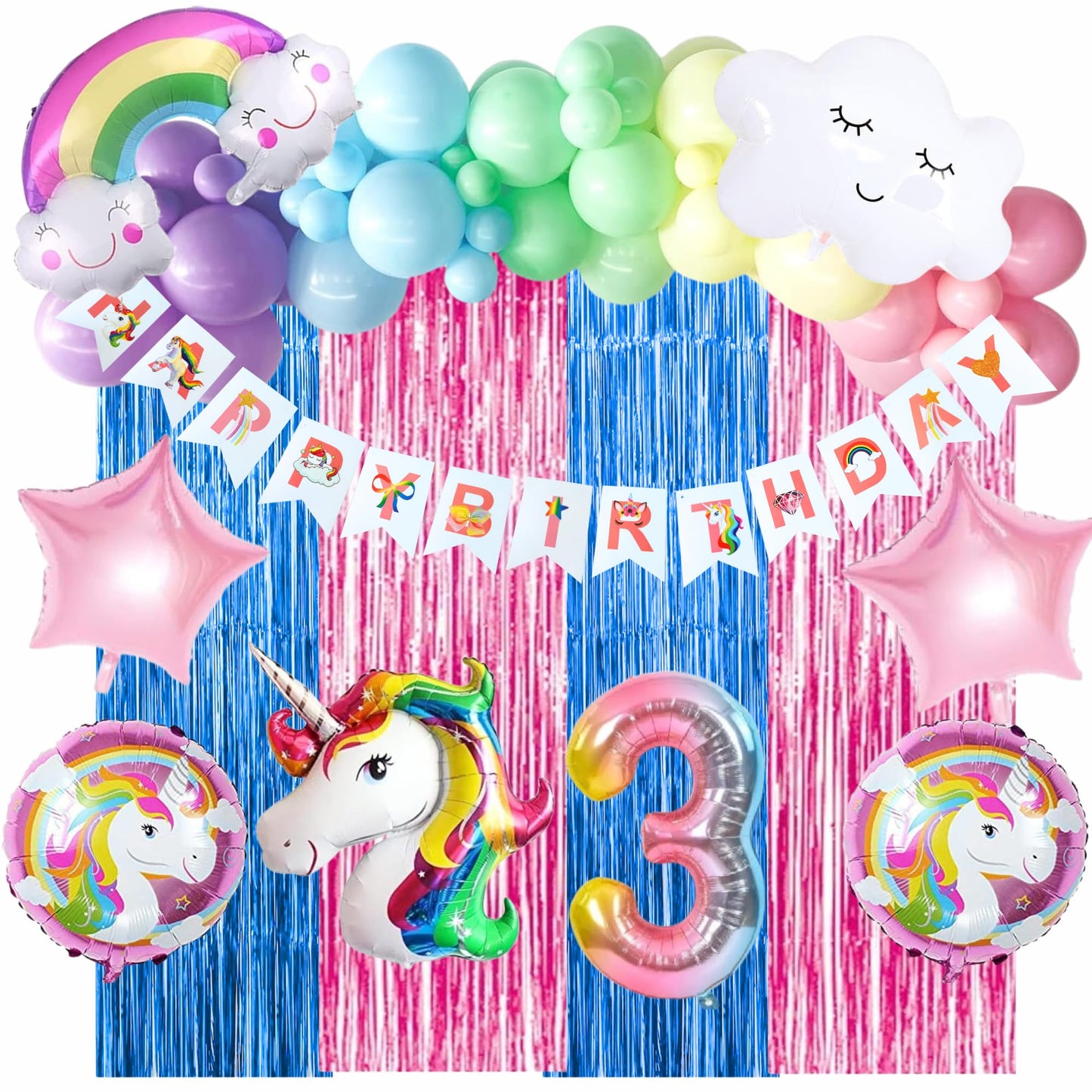Fi  Flick In 73 Pcs Unicorn Theme Balloons Garland Decorations Kit 3Rd Happy Birthday Decoration Items For Girls Rainbow Unicor