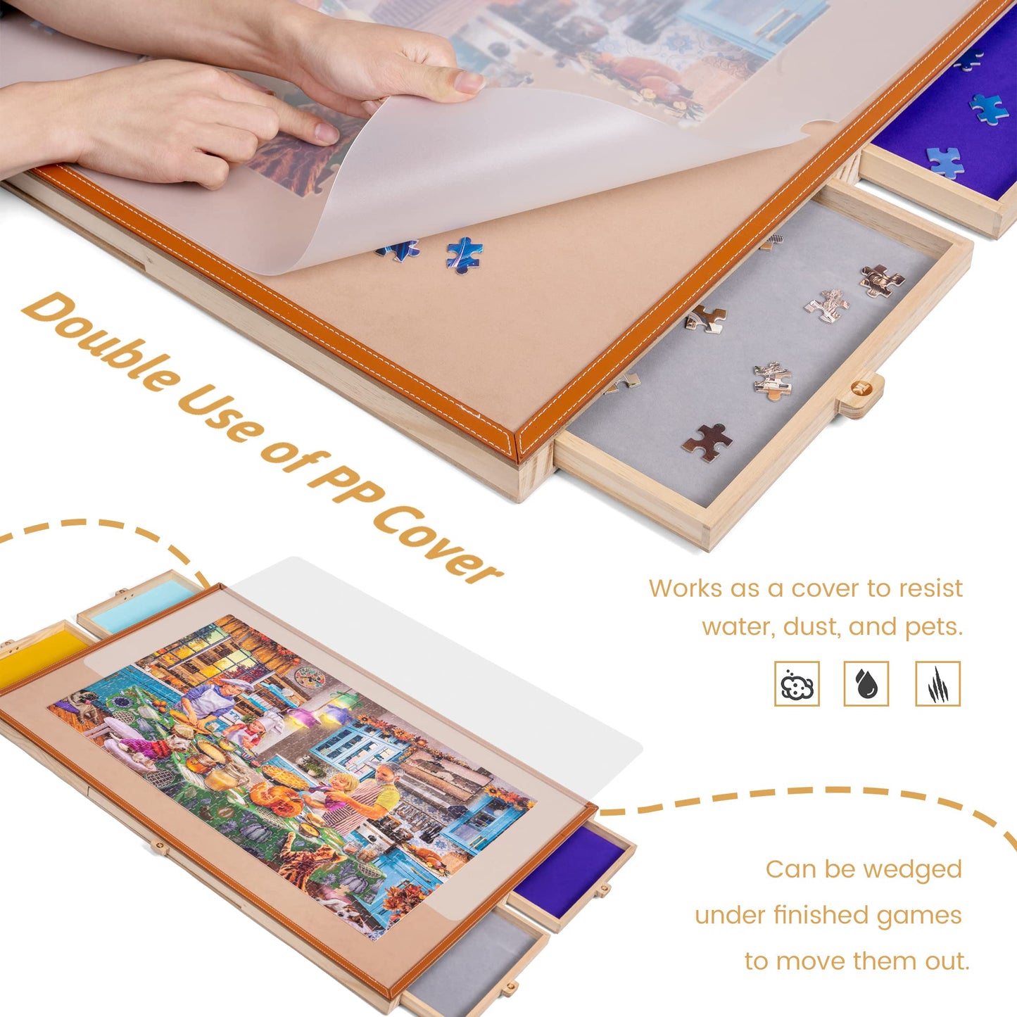 Tektalk Jigsaw Puzzle Table With Leather Bar, Wooden Plateau Portable Puzzle Board Saver With Embedded Adjustable Stand/Bracket And Removable Cover, 4 Sorting Drawers, For Up To 1500 Pieces