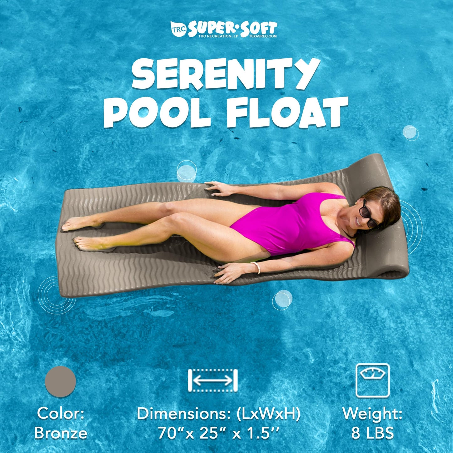 TRC Recreation Serenity 1.5  Thick Vinyl Coated Foam Swimming Pool Float Mat mature-themed Lounger with Built-In Roll Pillow  Bronze