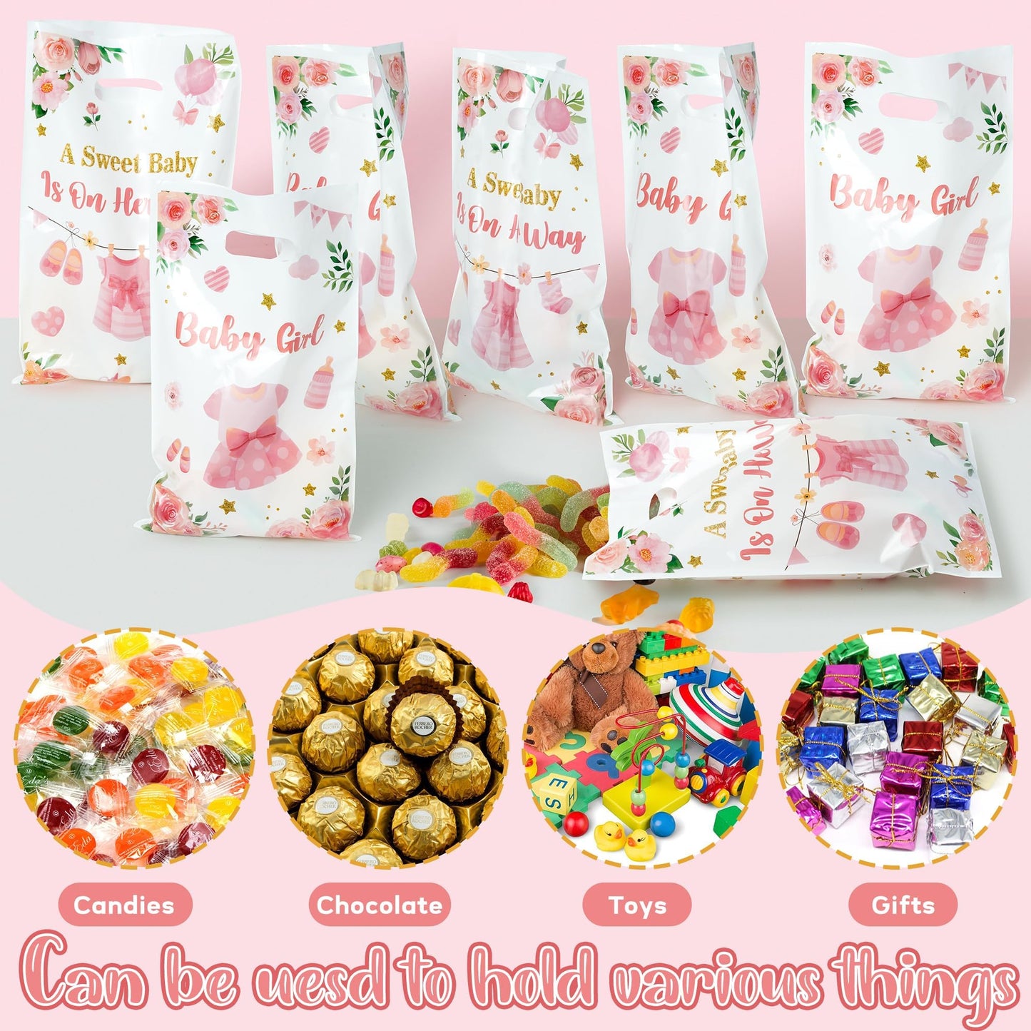 ArianQicult 50Pcs Pink Floral Baby Shower Party Favor Bags, A Sweet Baby is on Her Way Goody Treat Bags, Its a Girl Pink Plasti