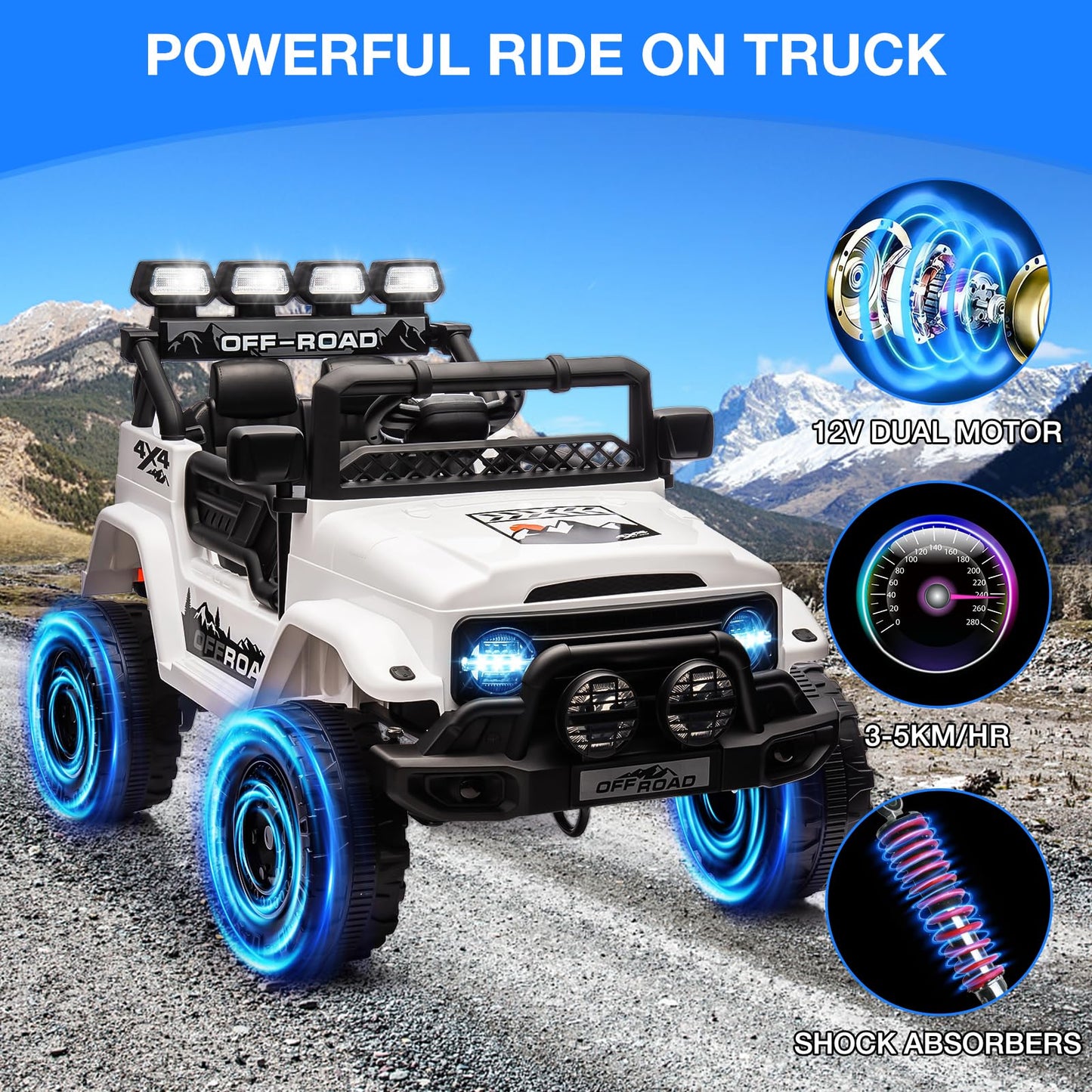 Ride On Truck Car 12V, Electric Vehicle w/Remote Control, 3 Speeds, LED Lights, Music, Spring Suspension, Ride on Car for Kids