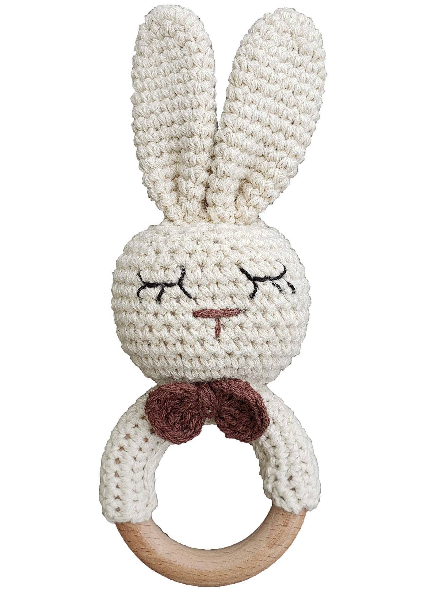 Natural Crochet Teether Toy Rattle For Baby Forest Friends Handmade Amigurumi Crochet Bunny Deer Fox On Natural Wooden Teething Ring Rattle Natural Baby Toys (Organic Bunny)