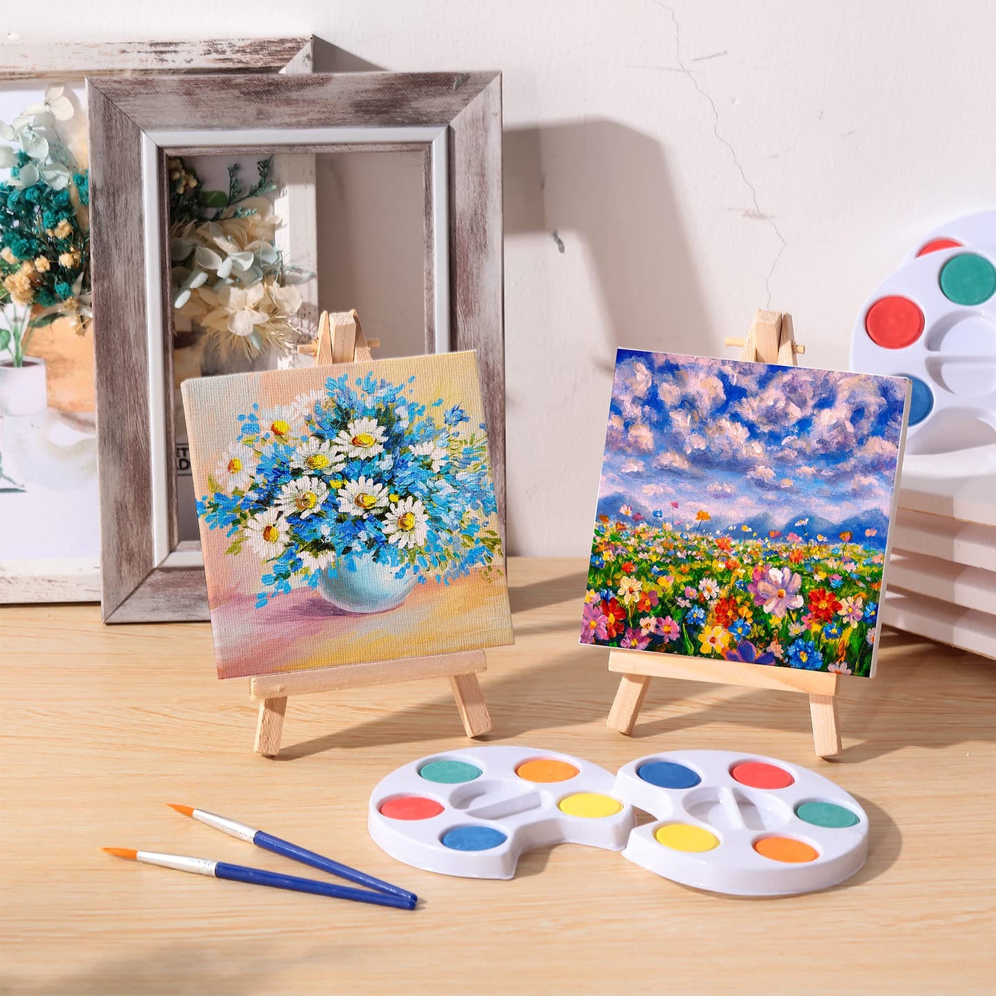 Crtiin Watercolor Paint Sets Mini Paint Set 4x4 Small Painting Canvas with Easel Paints Brush Set Art Party Favors and Watercolo