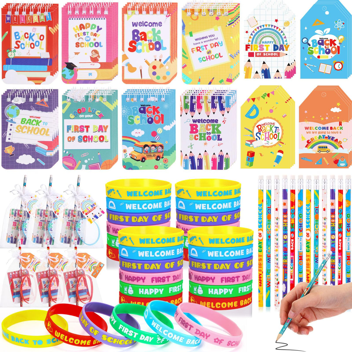 Crtiin 120 Pack Welcome Back To School Party Favors Set Include Gift Card Pencils Notebooks Silicone Bracelet With Gifts Bags Fi