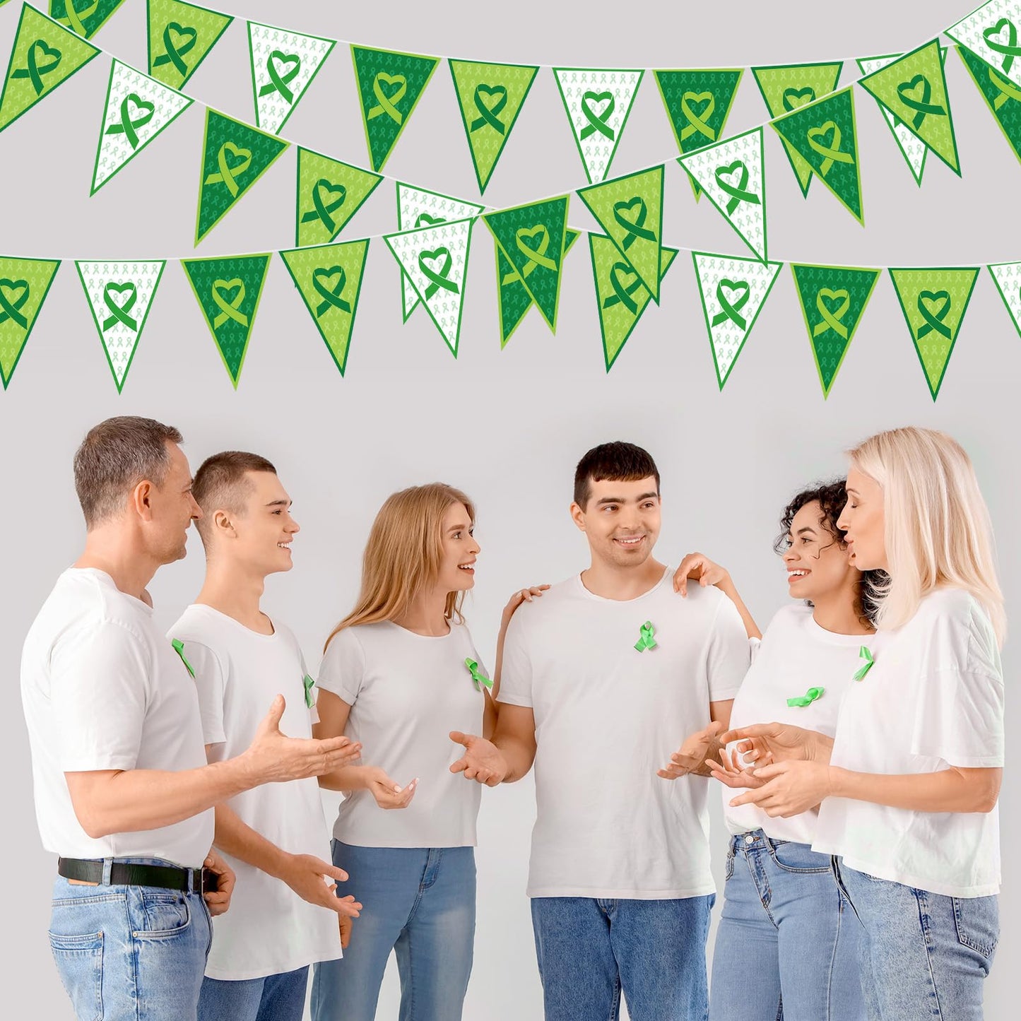 Tatuo 5 Pcs 49 ft Mental Health Awareness Decoration Green Ribbon Pennant Banner Mental Health Triangle Flag Banner Pre-Assemble