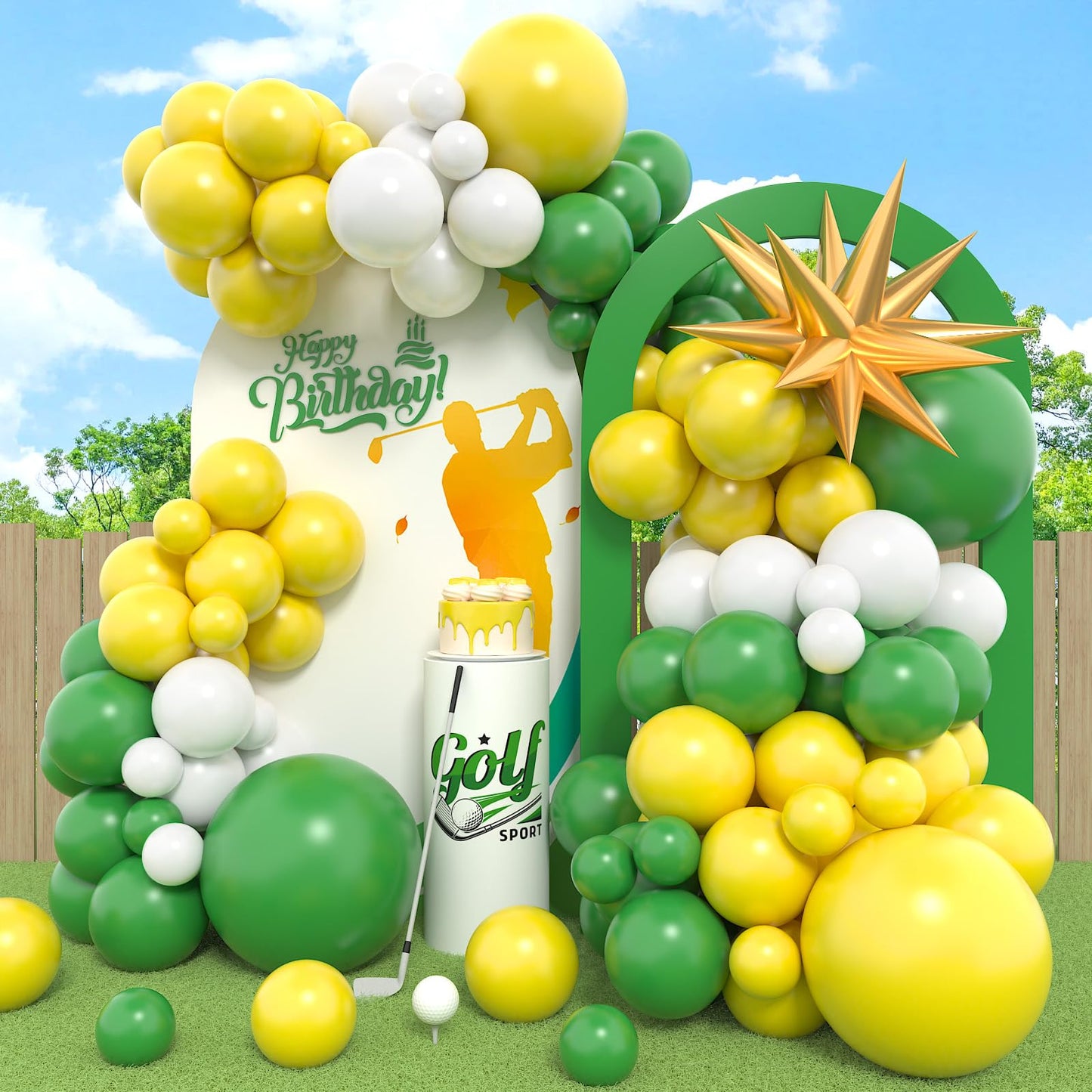 Green Yellow Balloon Garland Kit, Golf Birthday Decorations With Dark Green Yellow Latex Balloons Gold Star Foil Balloon For Boy