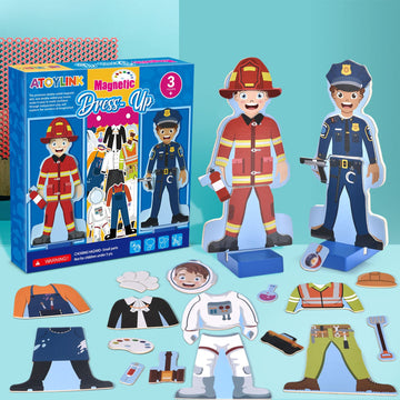Atoylink Wooden Magnetic Dress Up Dolls Pretend Play Set 40+ Pcs Occupations Community Helpers Matching Games Fridge Magnets For Toddlers Preschool Learning Toys Boys Birthday Gifts