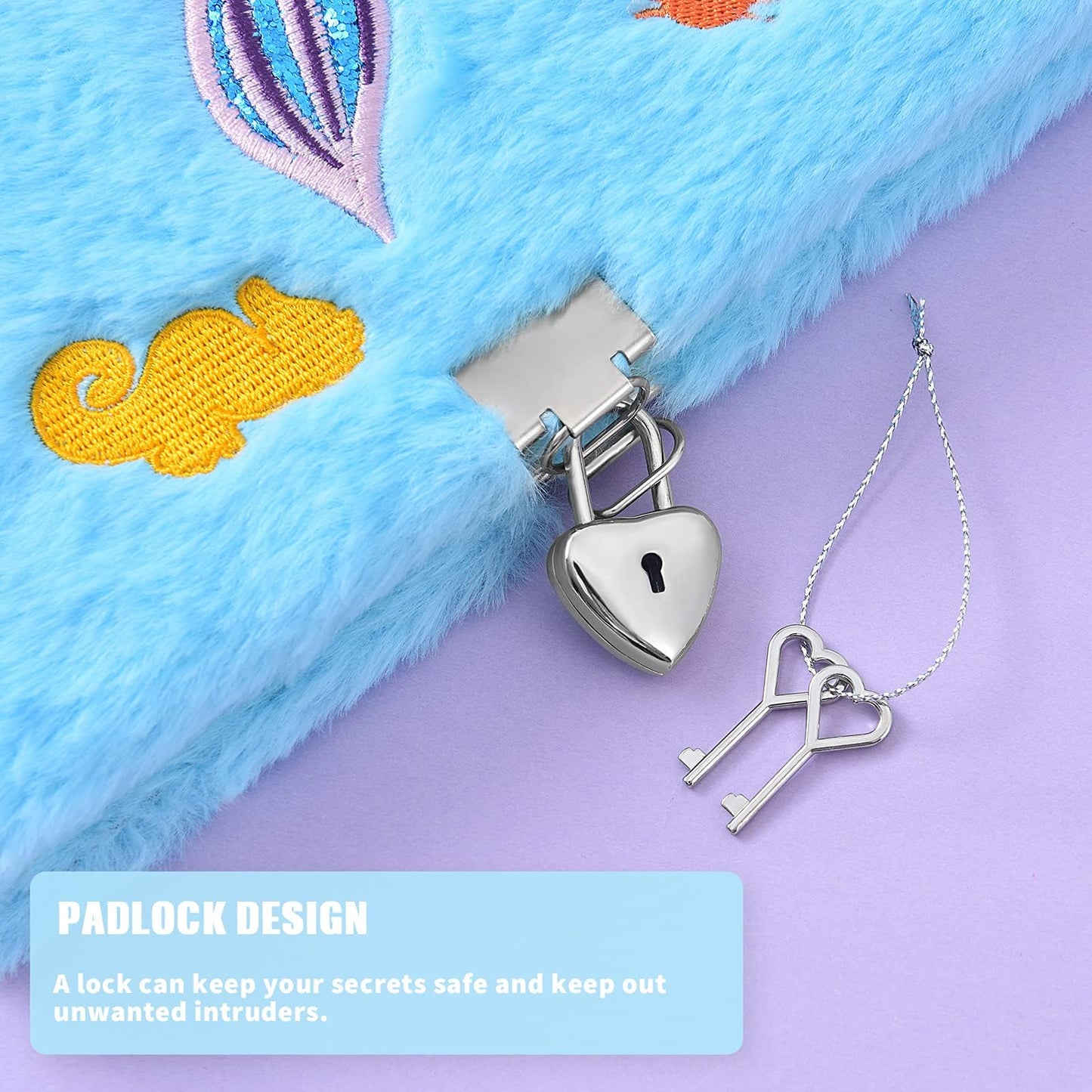 WERNNSAI Plush Mermaid Kids Notebook - Sparkly Embroidery Girls Diary with Lock Journal for Kids Girls Birthday Christmas Valentine Gift Travel School A5 Secret Diary Writing Drawing Notepad