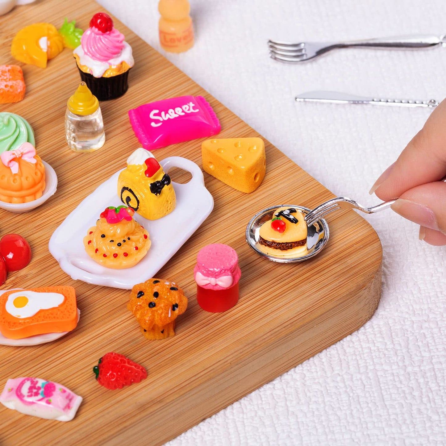 160 Pcs Mini Food Toys, Miniature Food Drinks Bottles for Doll Kitchen Pretend Play, Mixed Resin Kitchen Food Cutlery Toys for A