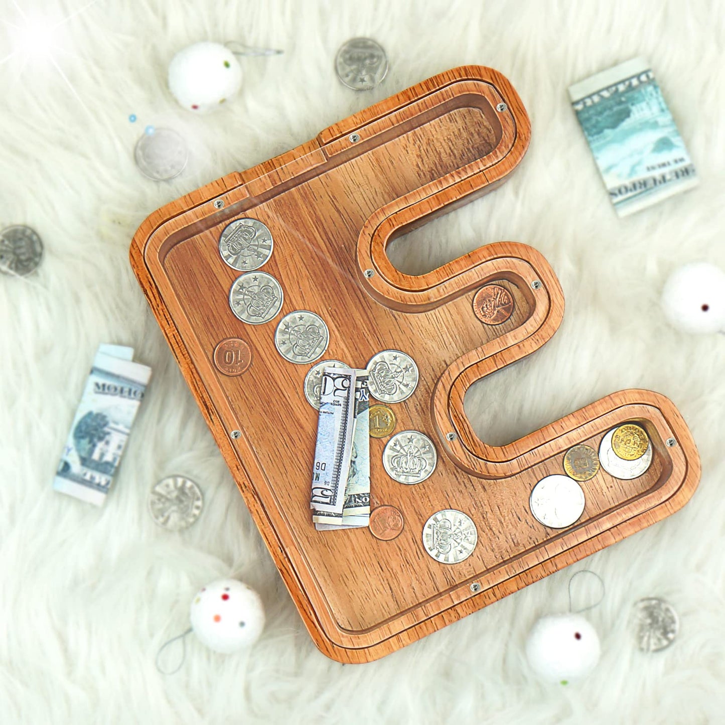 Piggy Bank For Kids Boys Girls, Large Personalized Wooden Letter Piggy Bank With Cut-Out Design, Alphabet Letter Coin Banks, Money Savings Box, Wooden Bank For Kids Creative Gift For Real-Money(E)