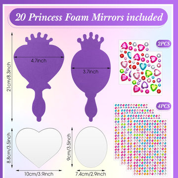 Geetery 20 Pcs Unbreakable Kids Mirror DIY Decorate Your Own Princess Mirror Mermaid Princess Foam Small Crafts for Princess Par