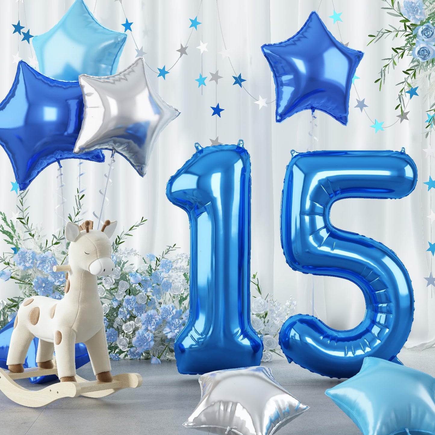 40 Inch Dark Blue Number Balloons 15, Large Royal Light Blue 15 Helium Foil Mylar Balloon, Globos Azules Self Inflating Silver S