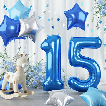 40 Inch Dark Blue Number Balloons 15, Large Royal Light Blue 15 Helium Foil Mylar Balloon, Globos Azules Self Inflating Silver S