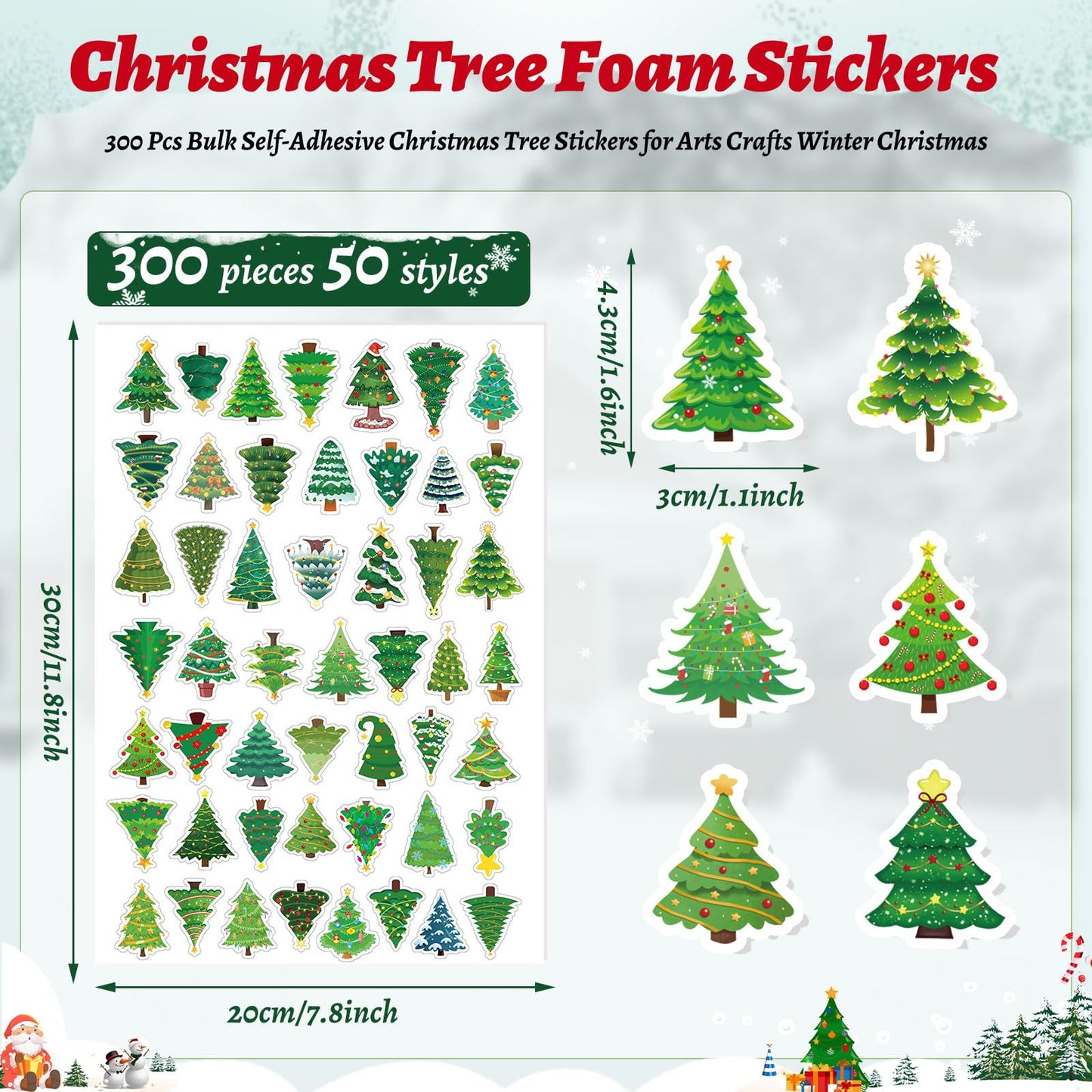 JULBEAR Christmas Tree Foam Stickers, 300 Pcs Bulk Self-Adhesive Christmas Tree Stickers for Arts Crafts Winter Christmas Xmas T