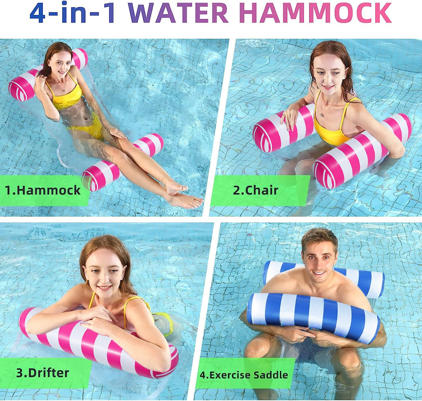 Juxiao 5 Pack Upgrated Xl Water Pool Floats, 4-In-1 (Hammock, Saddle, Lounge Chair, Drifter) Multi-Purpose Water Pool Float, Non-Stick Pvc Material