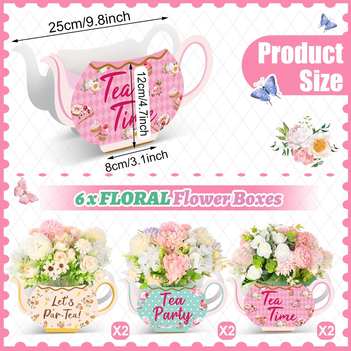 Yinder 6 Pcs Tea Party Decorations Princess Party Flower Boxes Centerpiece Floral Teapot Centerpiece for Floral Tea Themed Birth