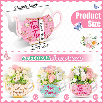 Yinder 6 Pcs Tea Party Decorations Princess Party Flower Boxes Centerpiece Floral Teapot Centerpiece for Floral Tea Themed Birth