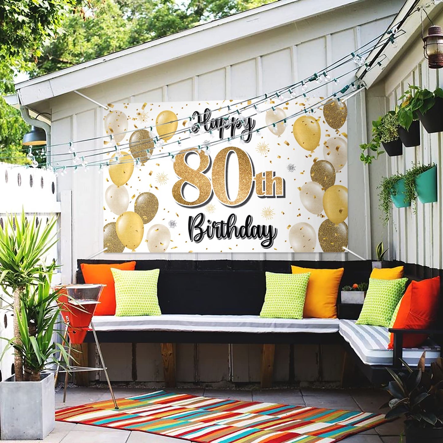 LASKYER 80th Birthday Decorations - Gold Balloon Banner Backdrop Sign, Polyester, Cheers to Eighty Years, Perfect for Bday Party Supplies