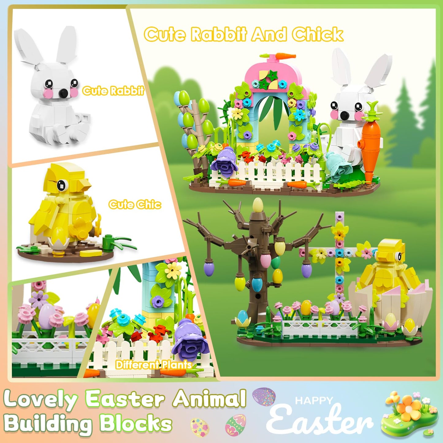 Qoq Easter Bunny And Chick Building Blocks Set - Easter Gift For Kids - Easter Basket Stuffers Easter Toys For Girls And Boys Ag