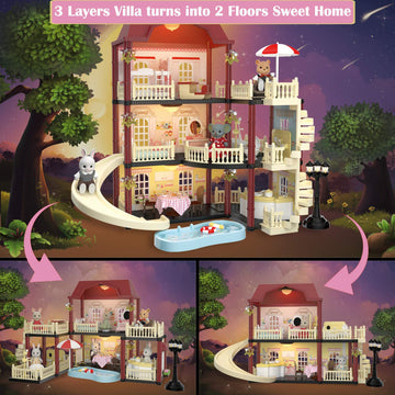 Mitcien Dollhouse Kit Playset Little Critters Bunny Dolls For Girls With Swimming Pool And Slideside Family Toys For Toddler 3 4 5 6-Year-Old Girl