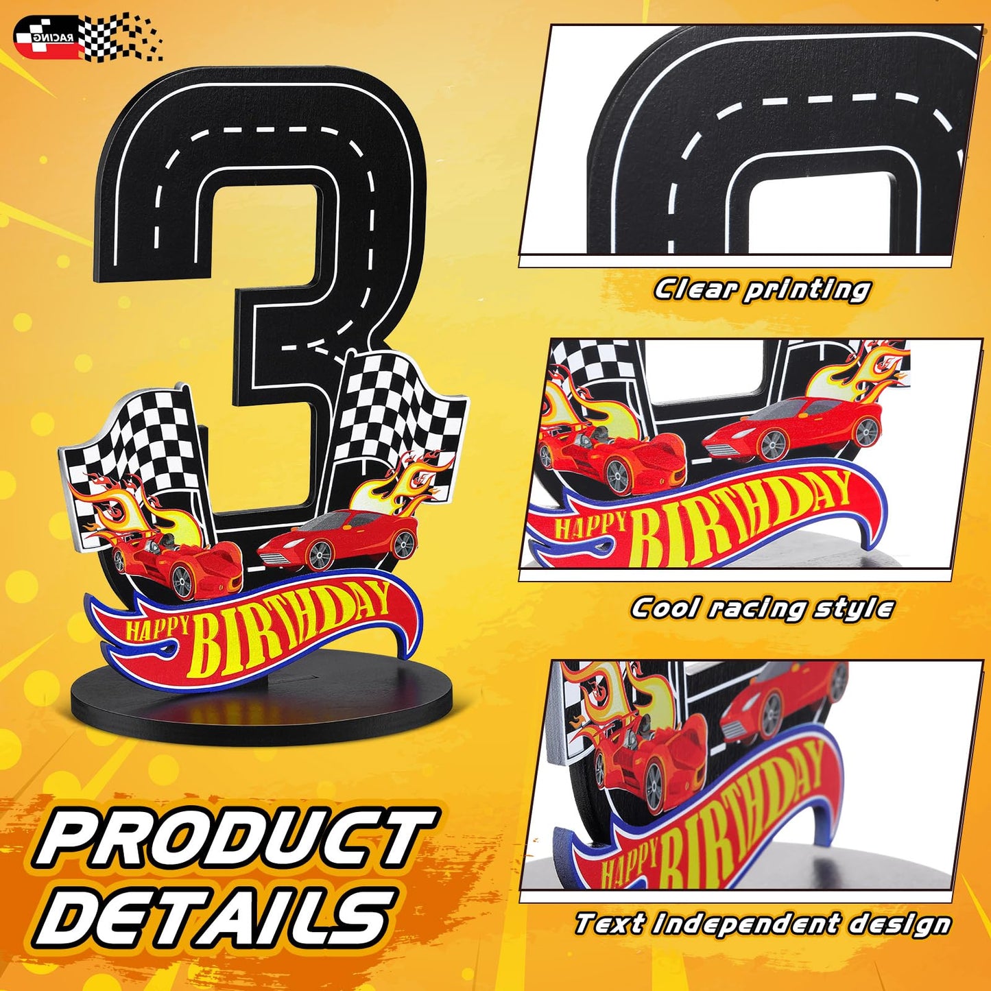 MiniInflat Race Car 4th Birthday Number Sign Centerpiece Race Car Theme 4th Birthday Party Supplies Wooden 4th Table Decoration