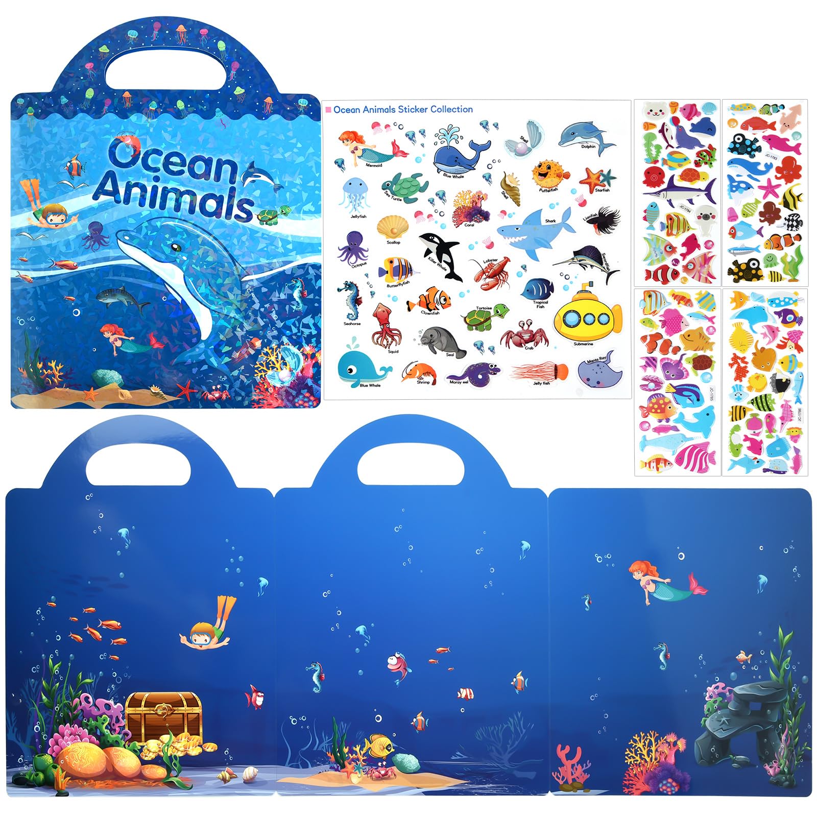Astaron Reusable Sticker Book For Toddlers, 88 Pcs Ocean Stickers Road Trip Activities Car Airplane Activities Travel Toys For Kids, Kids Quiet Time Activities (2-6 Age)