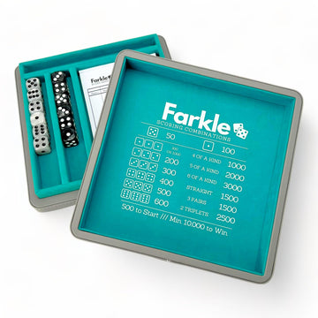 Luck Lab Farkle Dice Tray And Storage Case - Includes Embedded Scoring Combinations, 2 Sets Of 6 Pearl Dice, 40 Sheet Score Pad And Pen Holder For The Classic Family Game (Grey And Turquoise)