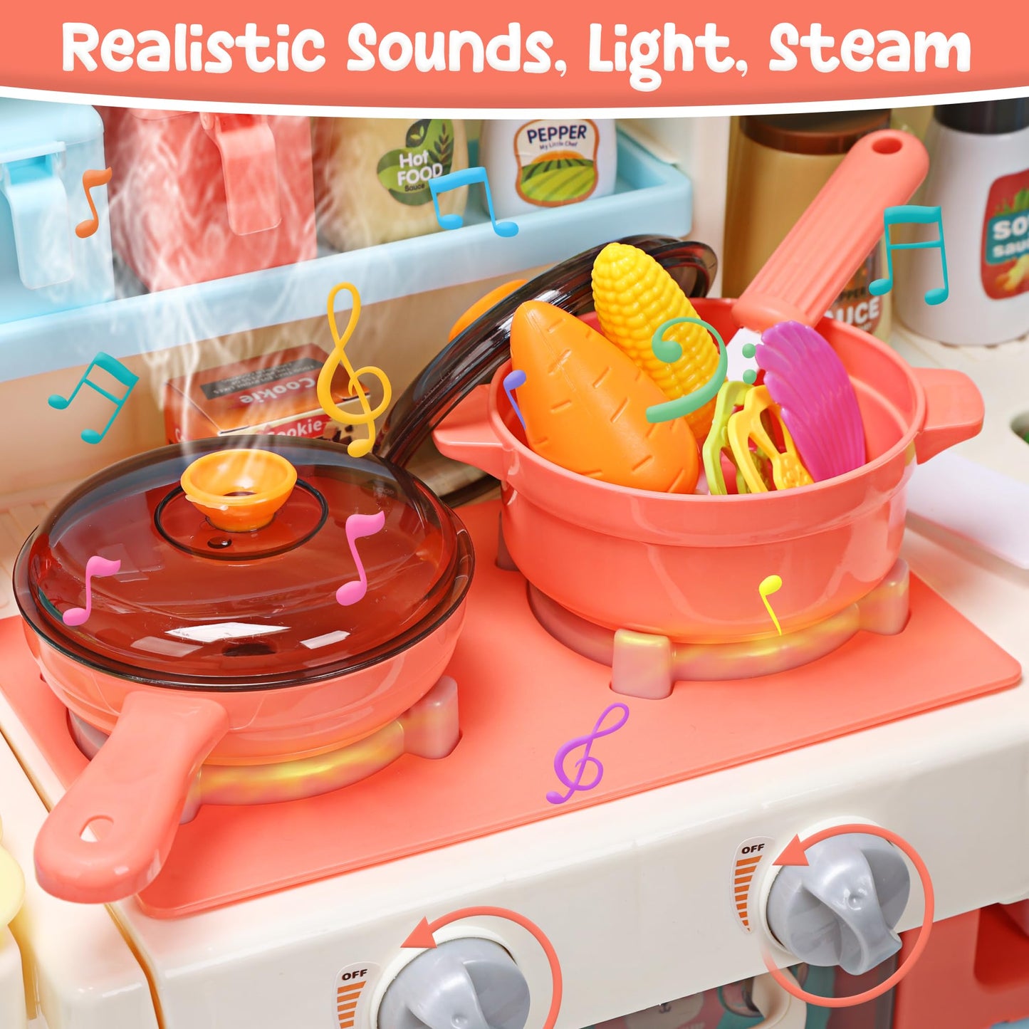 HOLYFUN Kids Kitchen Playset, Kitchen Set for Toddler with Sound and Light, Cooking Stove with Steam, Play Sink and Toy Kitchen