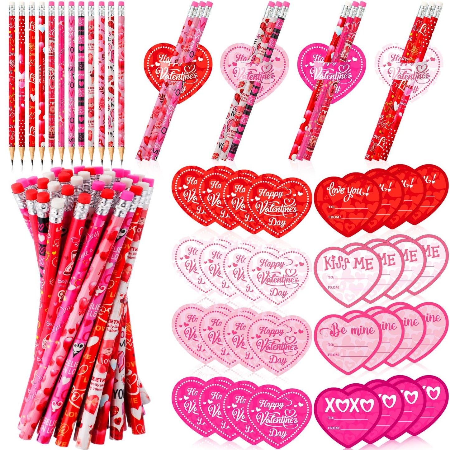 Sayglossy 48 Pack Valentine s Day Heart Pencils Bulk and Valentine Exchange Card for Valentine Party Favor Office Rewards Gift 