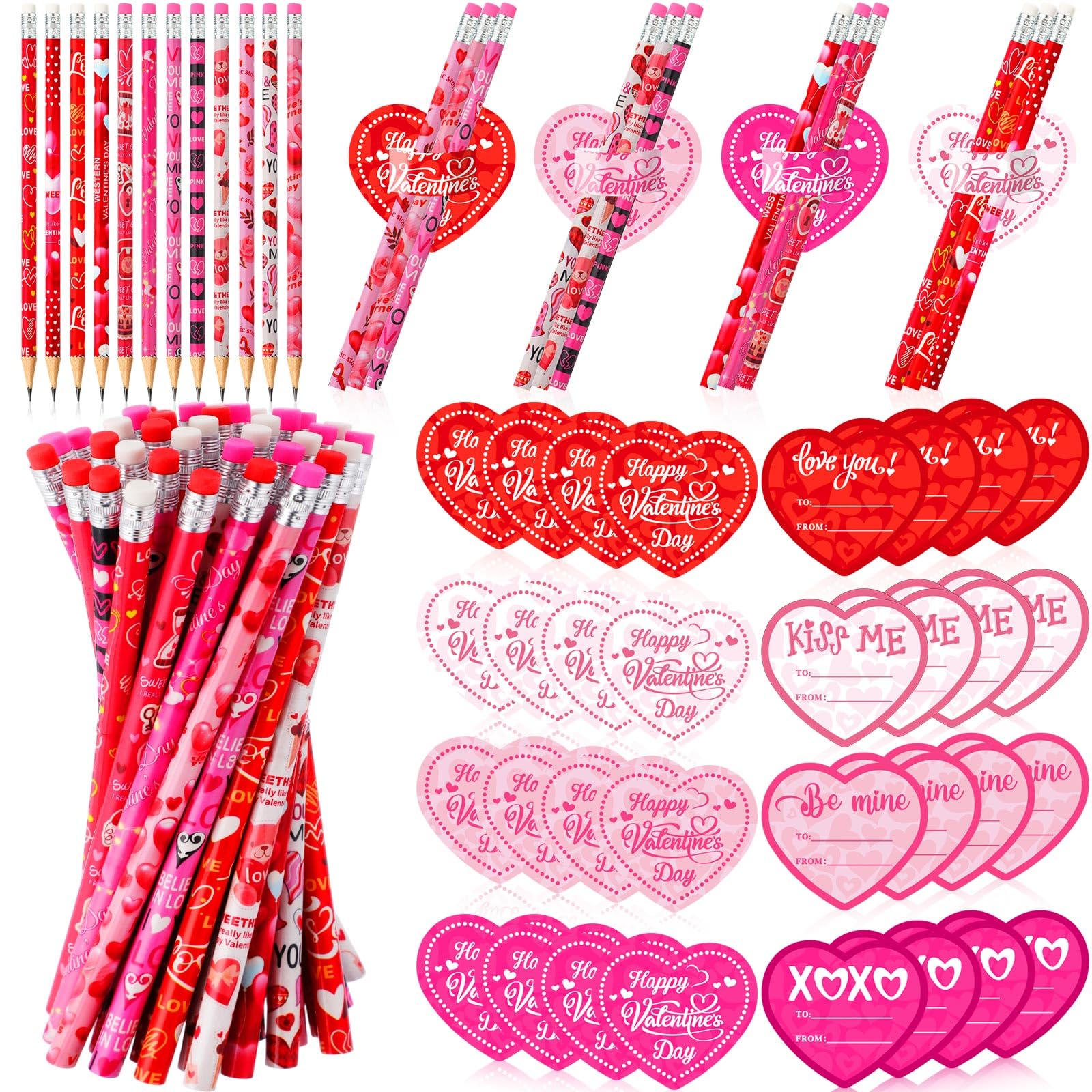 Sayglossy 48 Pack Valentine s Day Heart Pencils Bulk and Valentine Exchange Card for Valentine Party Favor Office Rewards Gift 