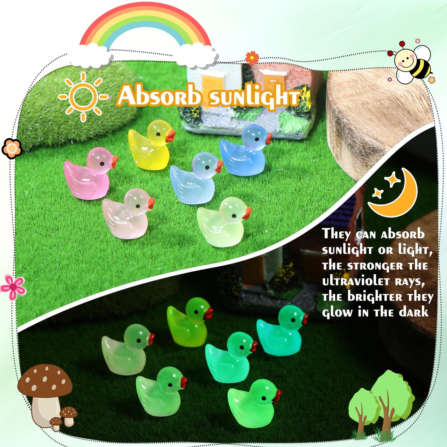 220Pcs Luminous Mini Tiny Resin Ducks Plastic Small Duck Bulk, Glow In The Dark Tiny Ducks For Garden Micro Landscape Ornament D