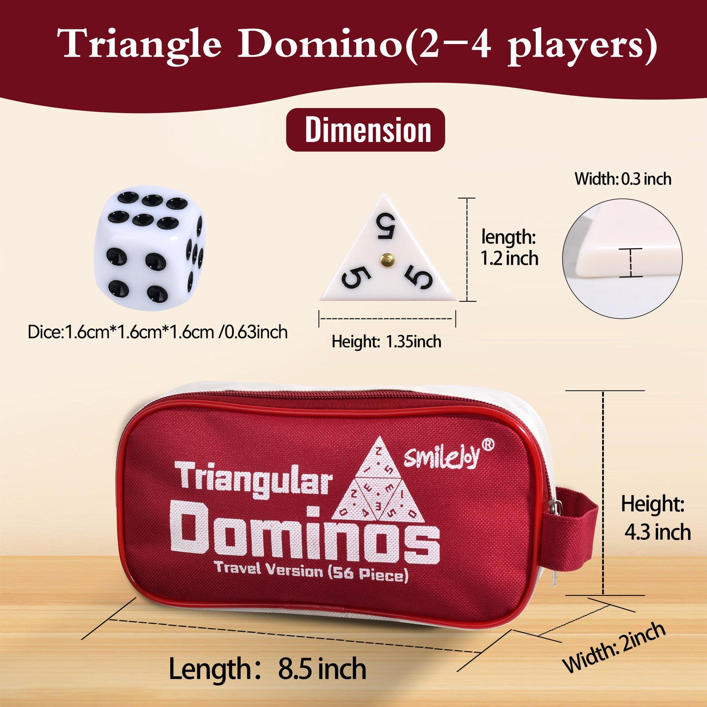 Smilejoy Triangle Domino Game - 56 Ivory Triangular Tiles with Brass Spinners, Standard Size, Ages 7+, 2-4 Players, Skill Training