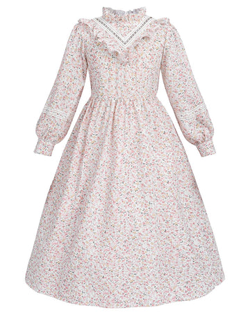 Fccam Prairie Colonial Dress Girls Long Sleeve Pioneer Dress Costume Floral Pioneer Girl Laura Ingalls Wilder Pink Xl