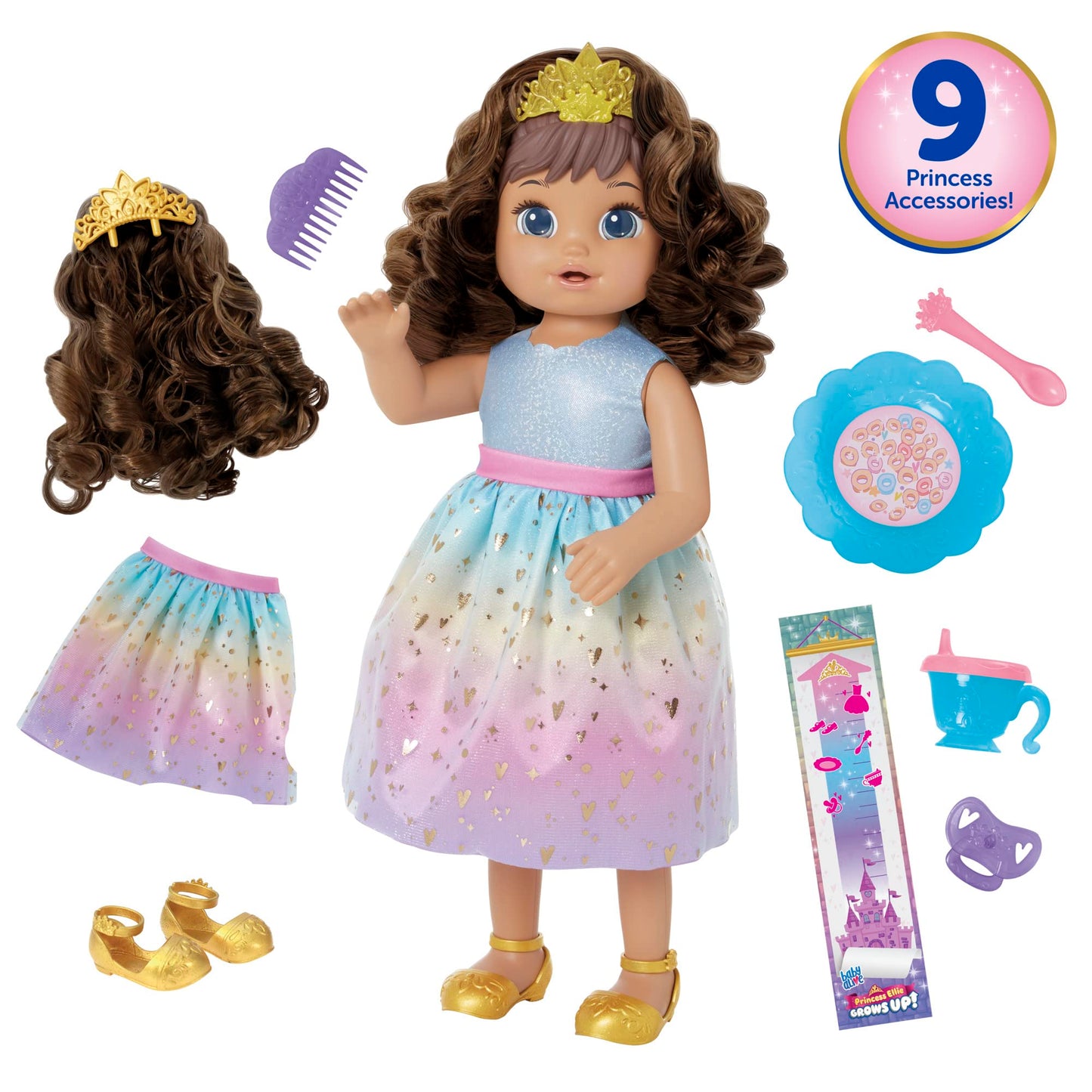 Baby Alive Interactive Doll - Princess Ellie, 18-Inch Brown Hair, Model F5237, for Kids 3+ Years Old, Includes Accessories