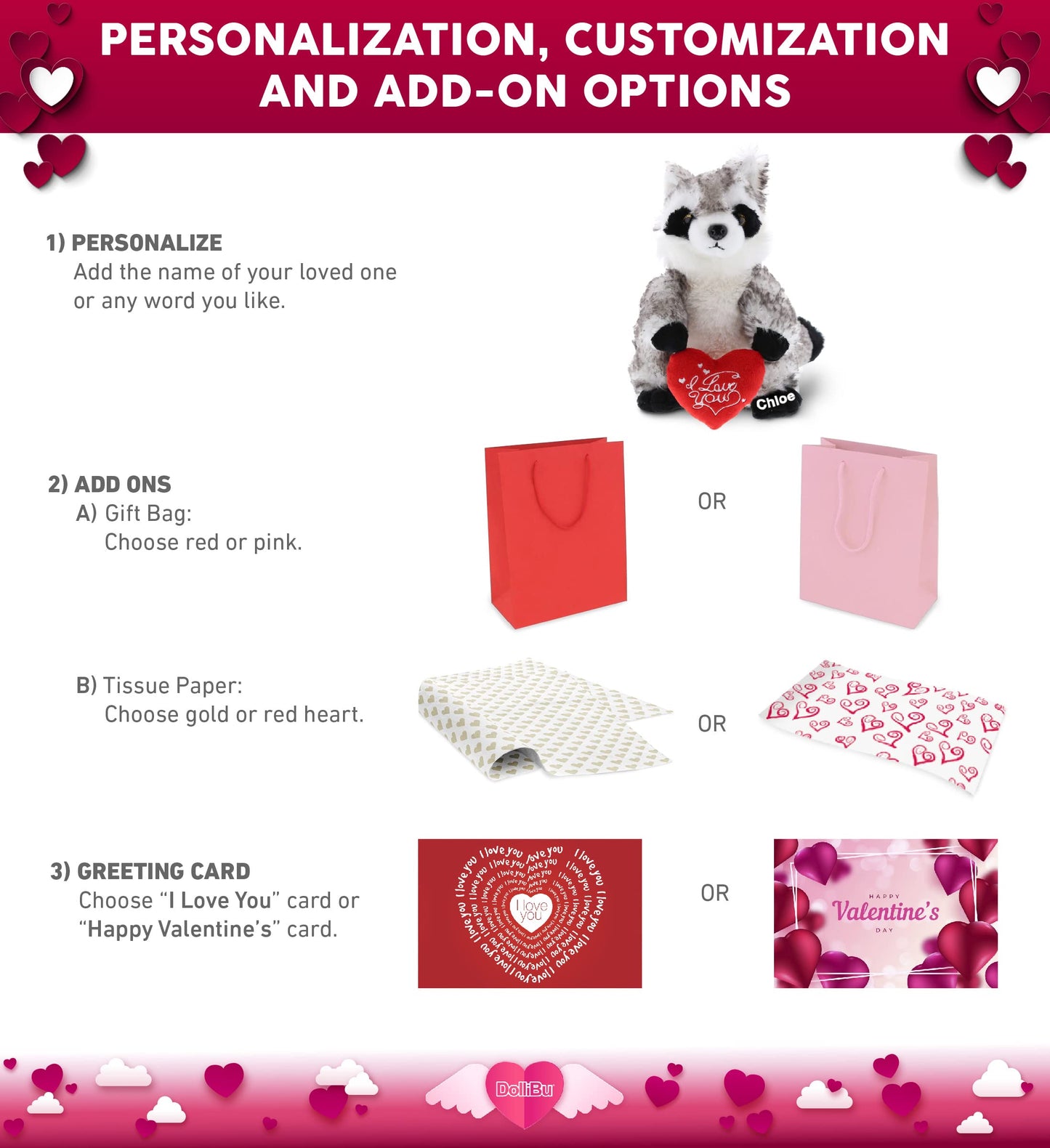 DolliBu I Love You Valentine Plush Raccoon - Cute Stuffed Animal with Red Heart and Name Personalization Gift for Valentines Day  Birthday  Anniversary  Romantic Date - 9 Inches