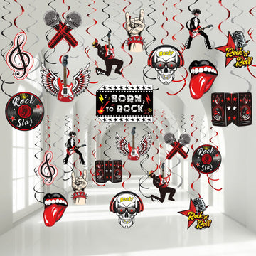 Zonon 53 Pieces Rock and Roll Theme Party Decorations, Guitar Record Sign Rock Star Music Party Hanging Swirls Ceiling Decor for
