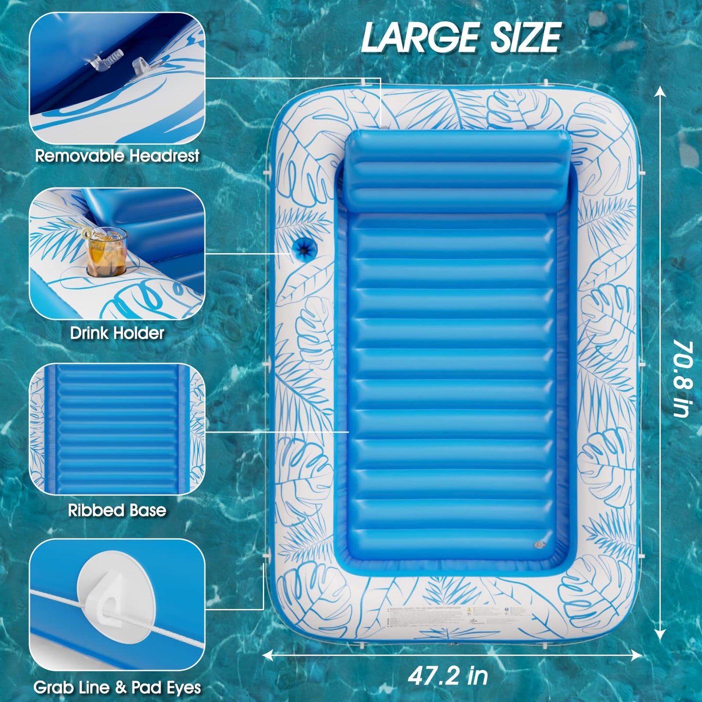 Jasonwell Inflatable Tanning Pool Lounger Float - Large Vinyl Sunbathing Raft in Blue - Model JX-TPF-180