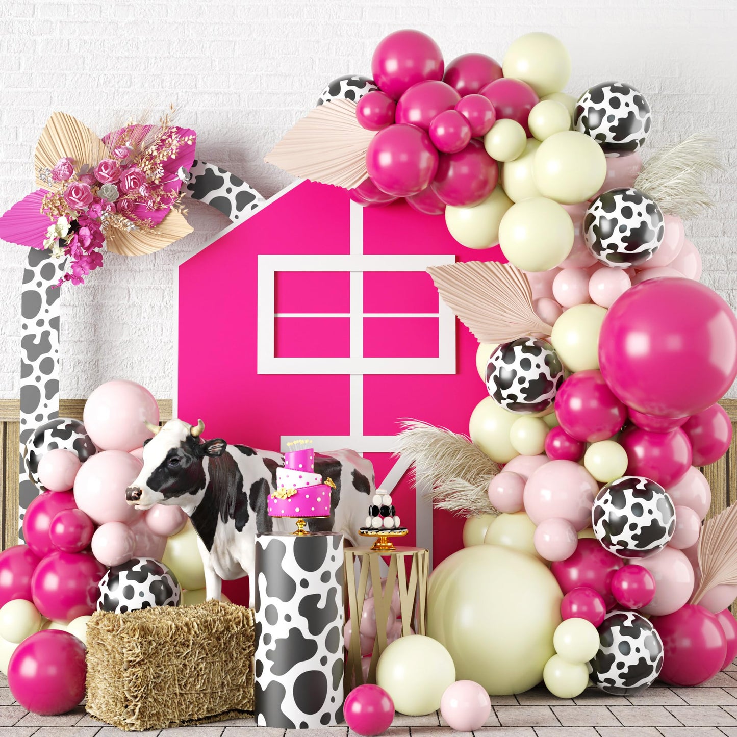 Gresatek Cowgirl Pink Balloon Garland Arch Kit, Rose Red Macaroon Yellow Balloons Decorations With Cow Printed Latex For Girls B