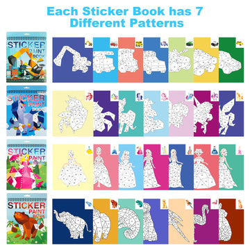 4 Pack Sticker Books For Kids Ages 4-8, Crafts For Kids Ages 4-8 Sticker Paint Books Boys And Girls Birthday Gifts Party Favor, Travel Toys For Toddlers Learning (Princess+Animal+Horse+Vehicle)