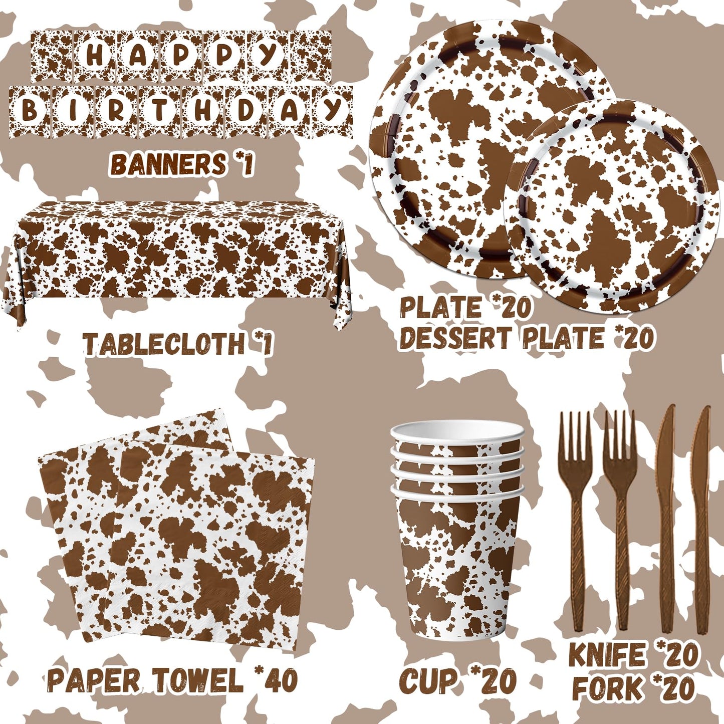 Highland Cow Decorations, 142Pcs Cow Print Plates And Napkins Party Supplies, Brown Cow Birthday Party Decorations Tableware Cup