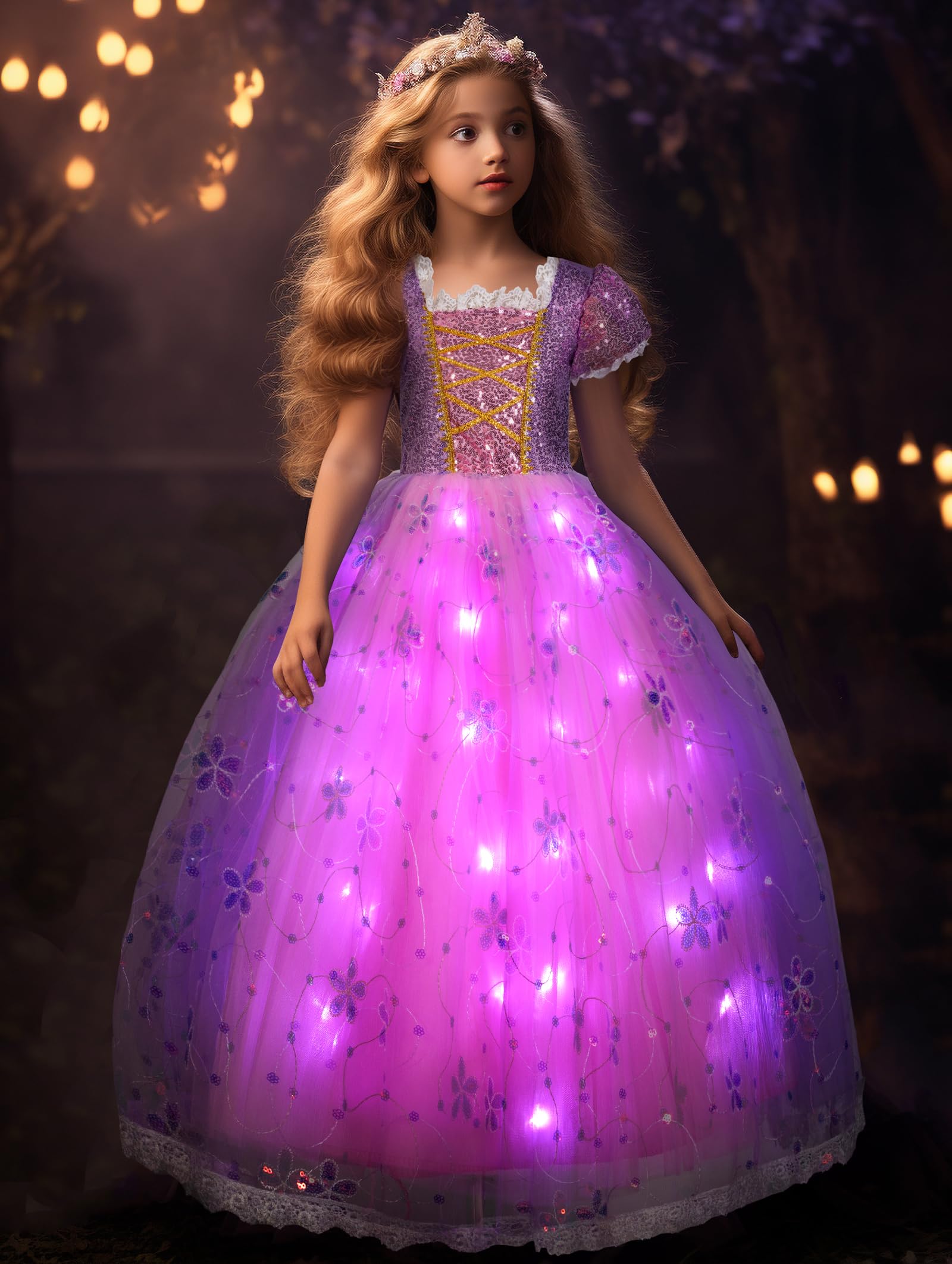 Uporpor Light Up Princess Dress Up Clothes Led Halloween Girls Costume Outfit Fancy Christmas Kids Party Dresses Toddler, Pink Purple 120